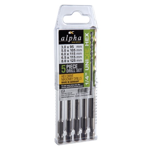 5PCE UNIDRE 1/4 HEX MASONRY DRILL SET (3.5.6.6.5.8MM)